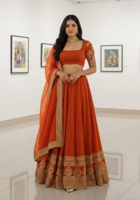 Orange Embroidered Georgette Lehenga Set