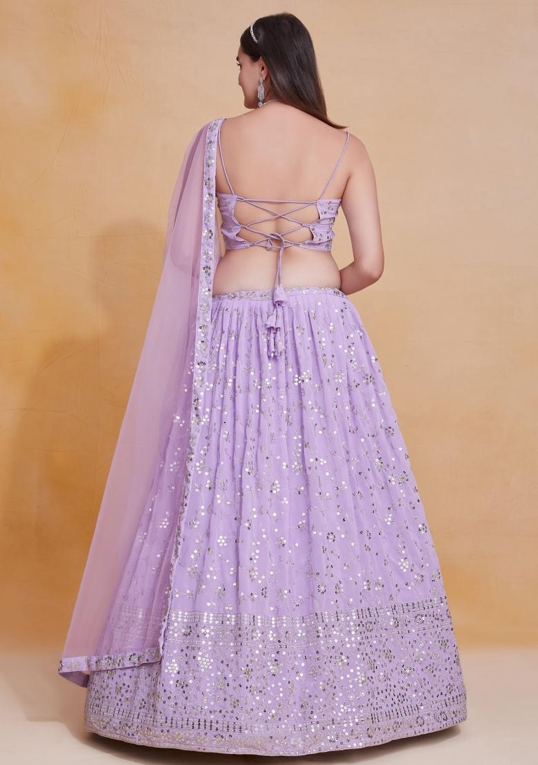 Lavender Embroidered Georgette Lehenga Set - Indya