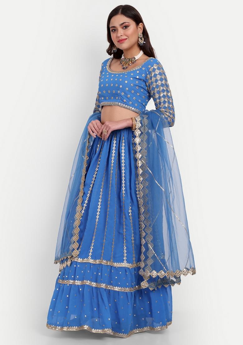 Sky Blue Embroidered Georgette Lehenga Set - Indya