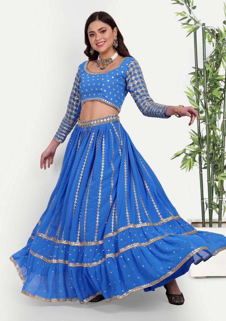Sky Blue Embroidered Georgette Lehenga Set - Indya