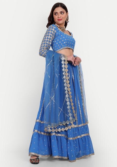 Sky Blue Embroidered Georgette Lehenga Set
