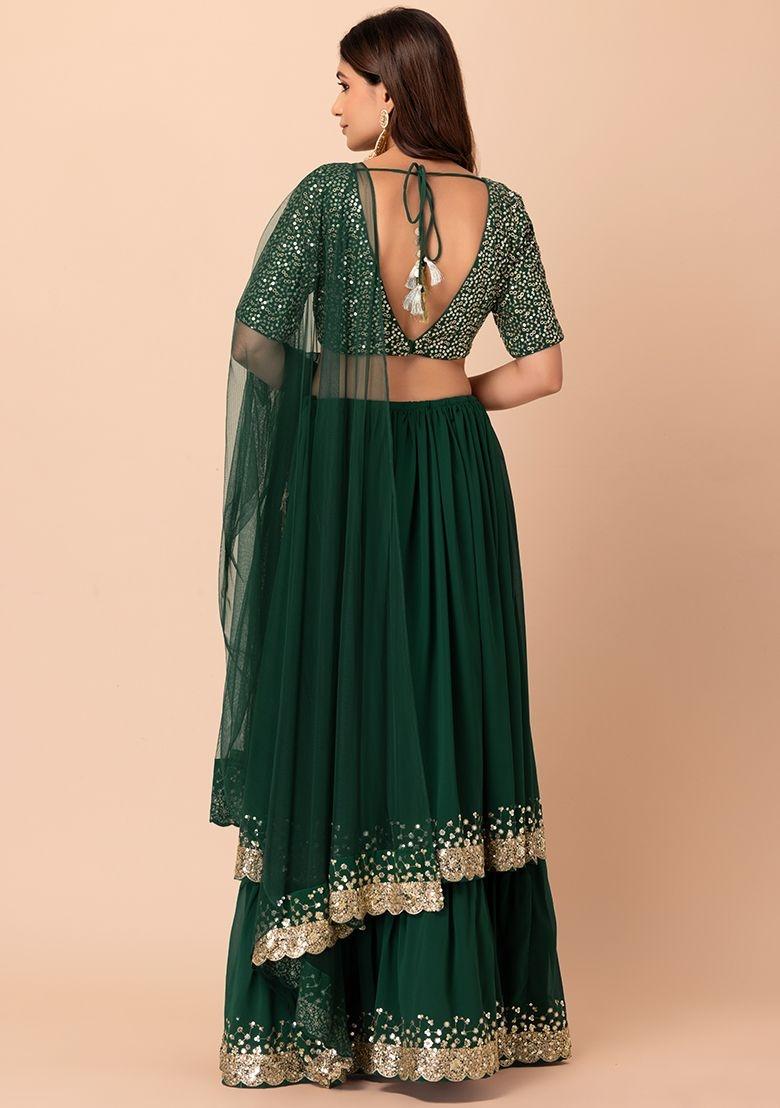 Green Embroidered Georgette Lehenga Set - Indya