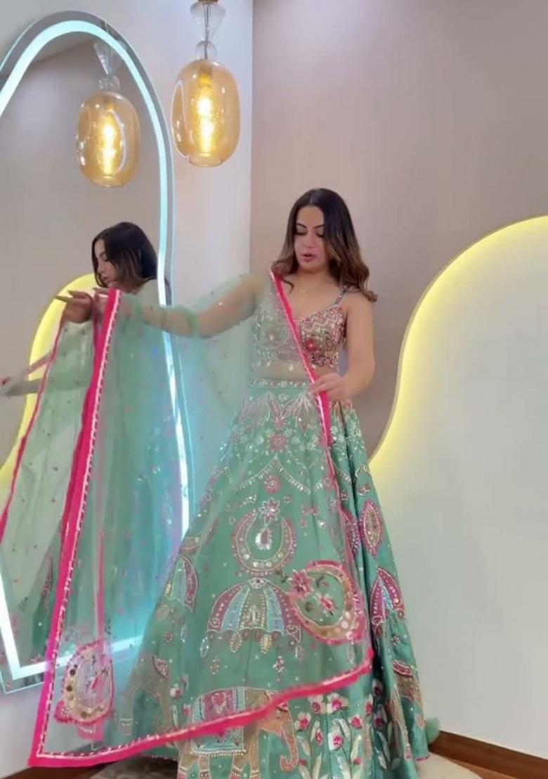 Sea Green Embroidered Silk Blend Lehenga Set - Indya