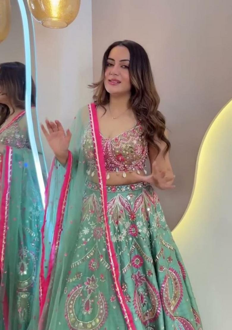 Sea Green Embroidered Silk Blend Lehenga Set - Indya