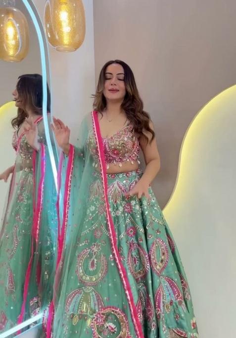Sea Green Embroidered Silk Blend Lehenga Set
