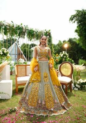 Grey Embroidered Silk Lehenga Set