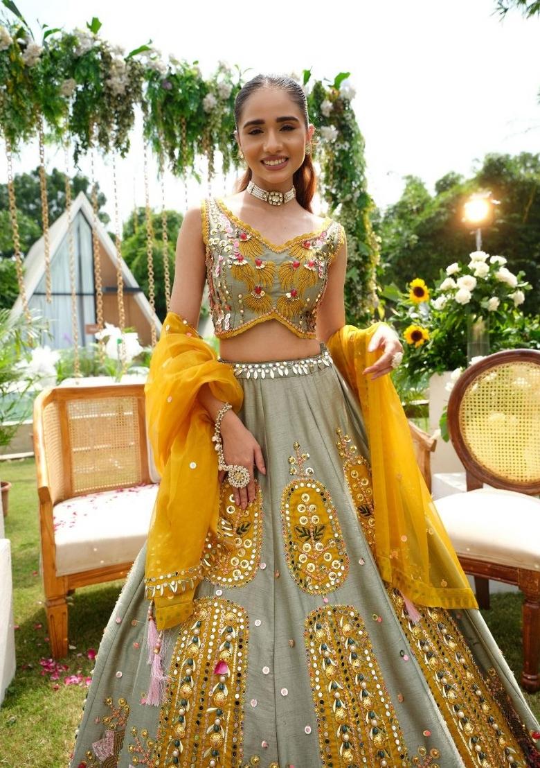 Grey Embroidered Silk Blend Lehenga Set - Indya