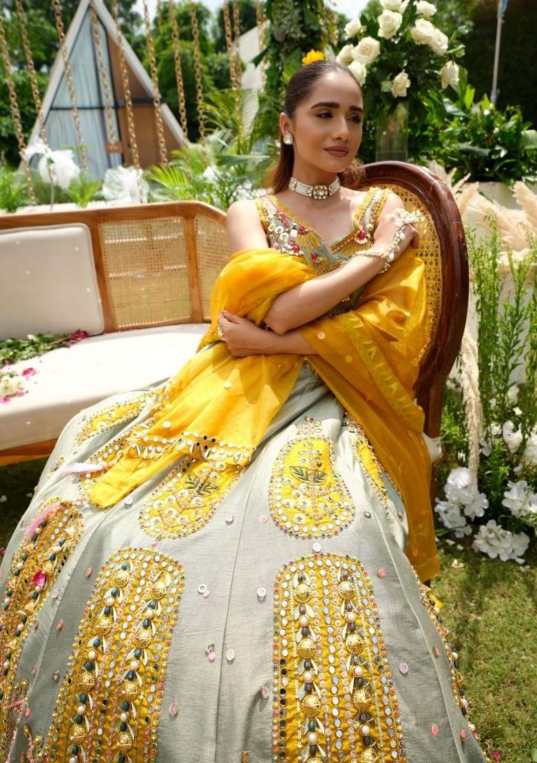 Grey Embroidered Silk Blend Lehenga Set - Indya