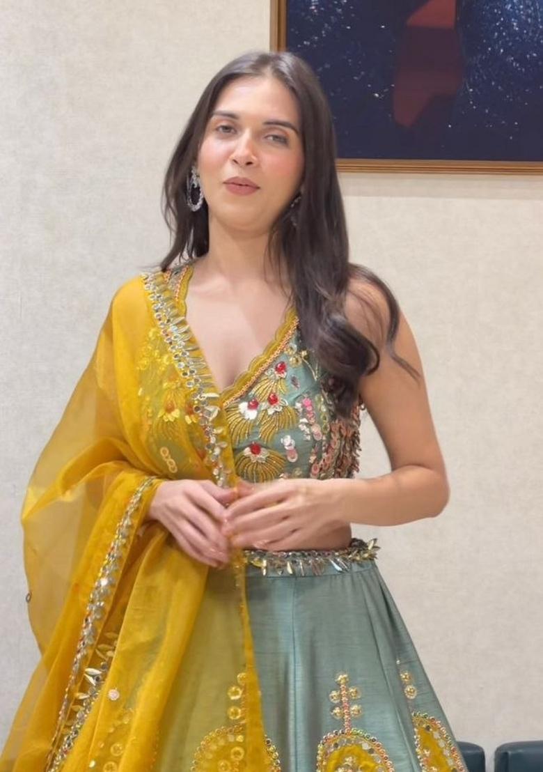 Grey Embroidered Silk Blend Lehenga Set - Indya