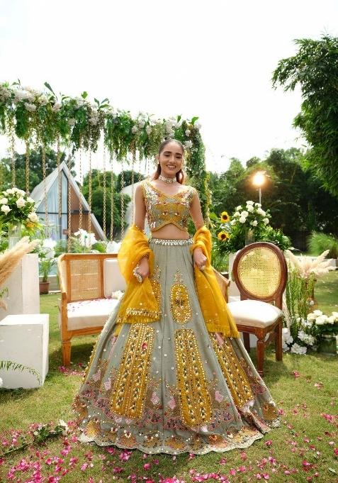 Grey Embroidered Silk Lehenga Set