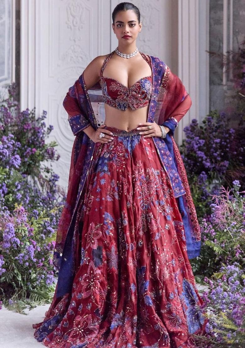 Red Sequin Silk Blend Lehenga Set - Indya