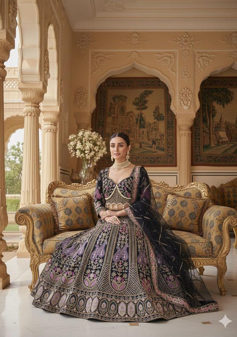 Black Sequin Silk Blend Lehenga Set - Indya