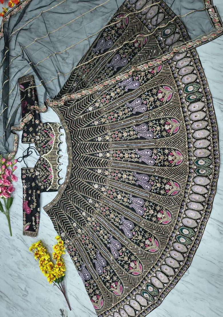 Black Sequin Silk Blend Lehenga Set - Indya