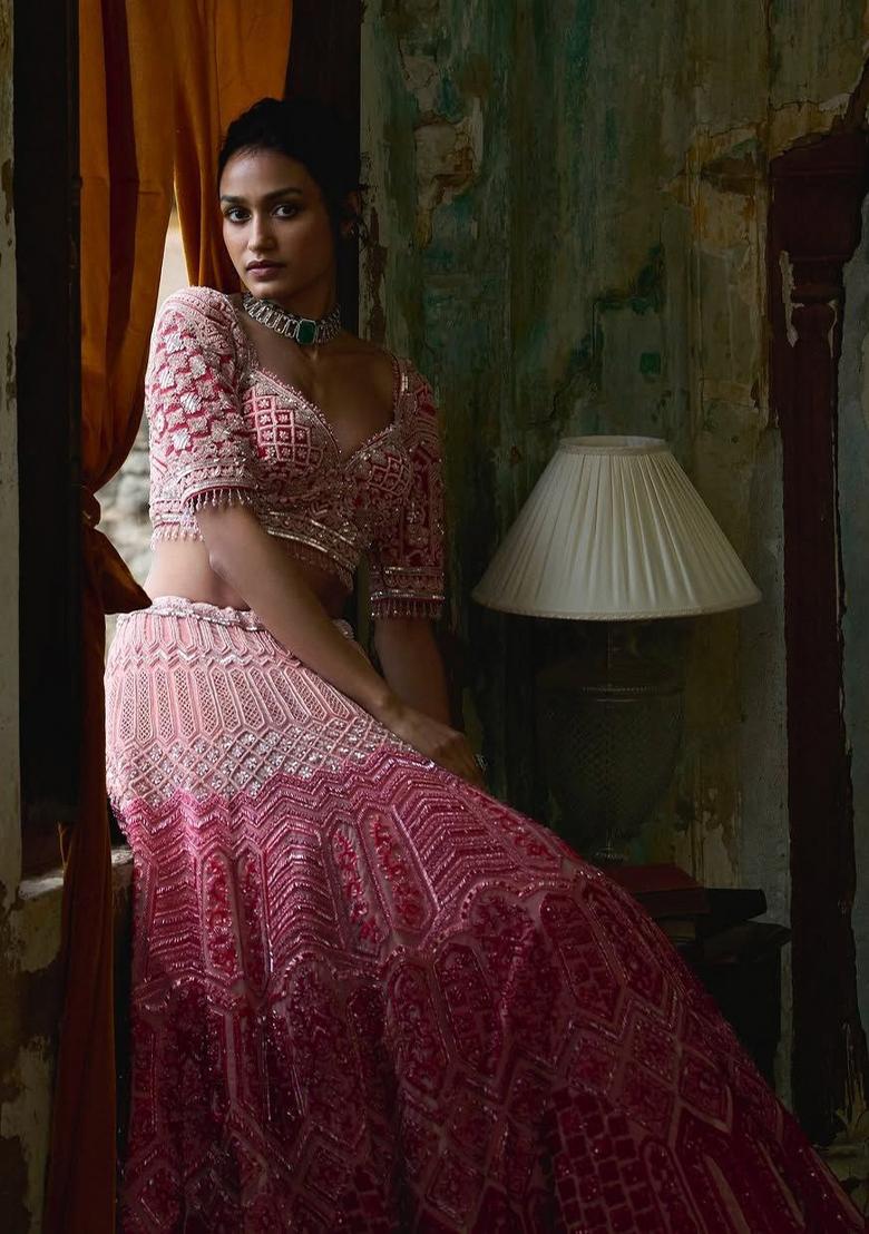Pink Embroidered Georgette Lehenga Set - Indya
