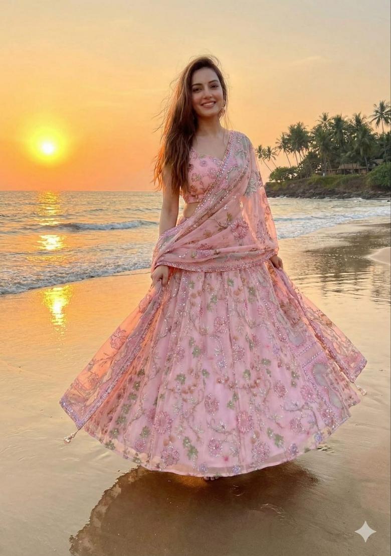 Peach Embroidered Silk Blend Lehenga Set - Indya