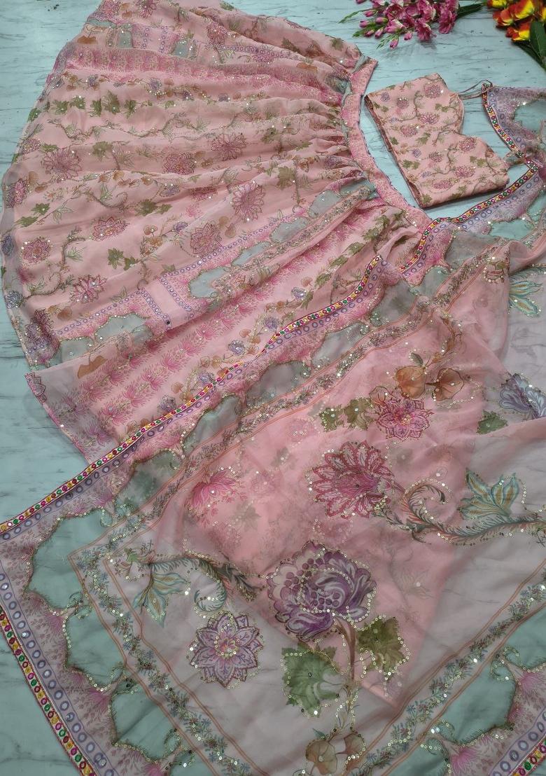 Peach Embroidered Silk Blend Lehenga Set - Indya
