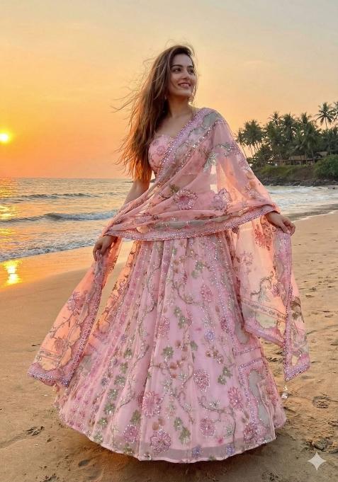 Peach Embroidered Silk Lehenga Set