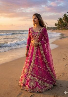 Magenta Embroidered Silk Blend Lehenga Set