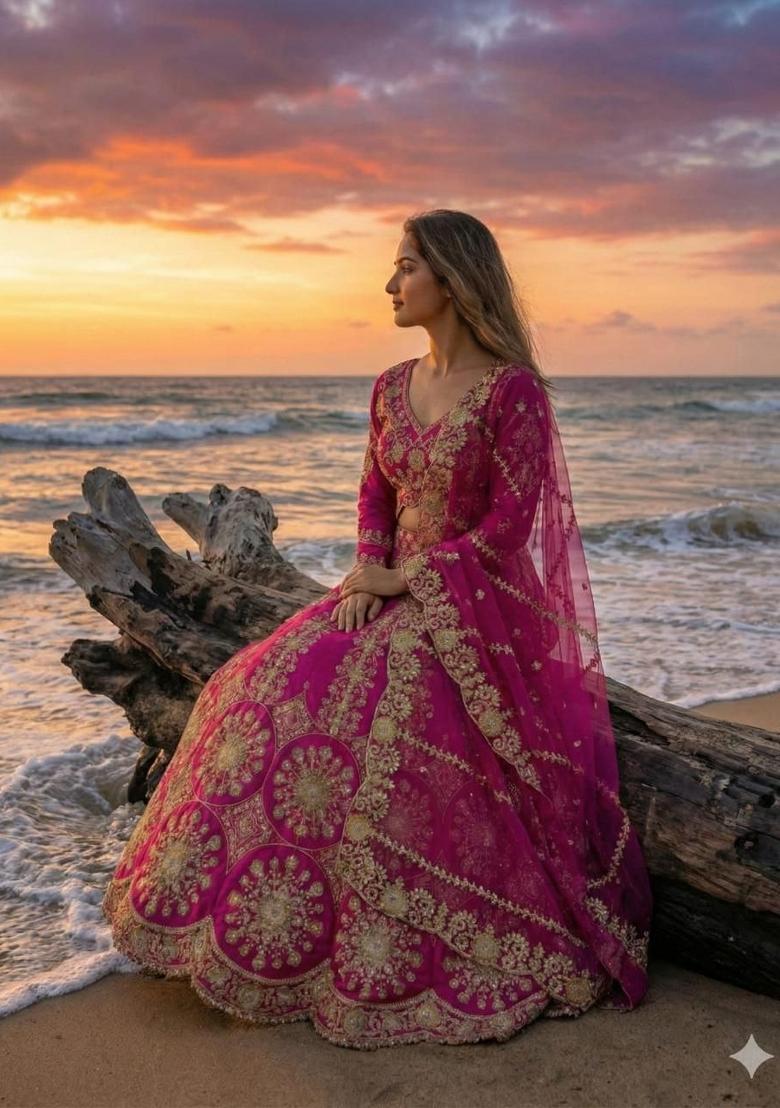 Magenta Embroidered Silk Blend Lehenga Set - Indya