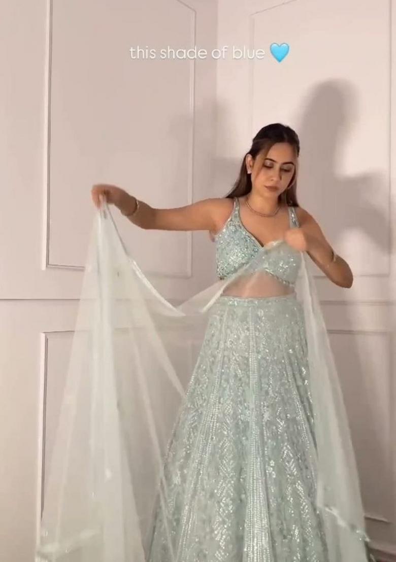 Turquoise Sequin Net Lehenga Set - Indya