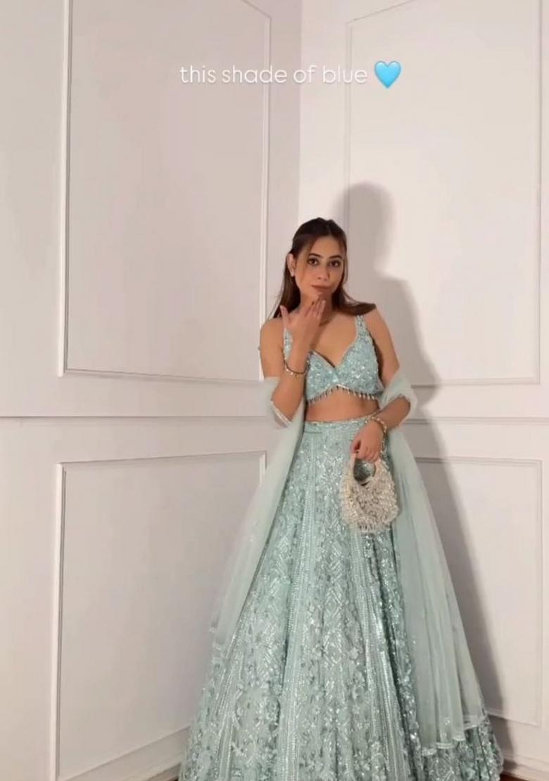 Turquoise Sequin Net Lehenga Set - Indya