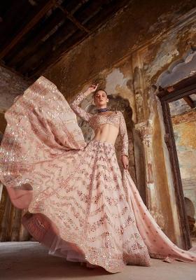 Peach Zari Work Georgette Lehenga Set