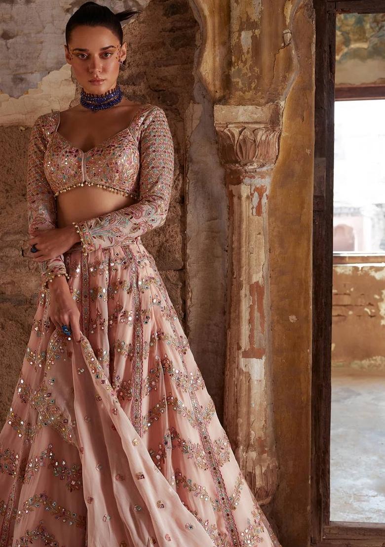 Peach Zari Work Georgette Lehenga Set - Indya