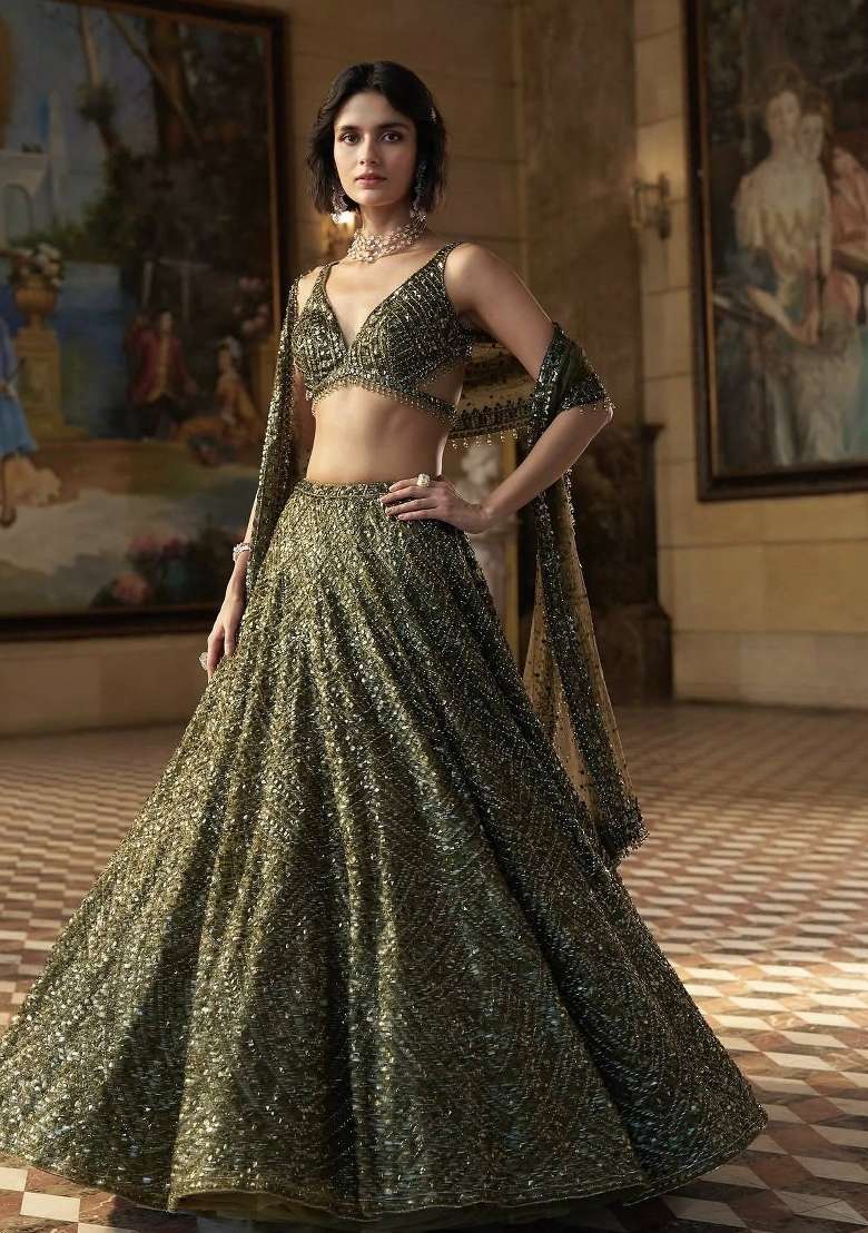 Mehendi Green Sequin Silk Blend Lehenga Set - Indya