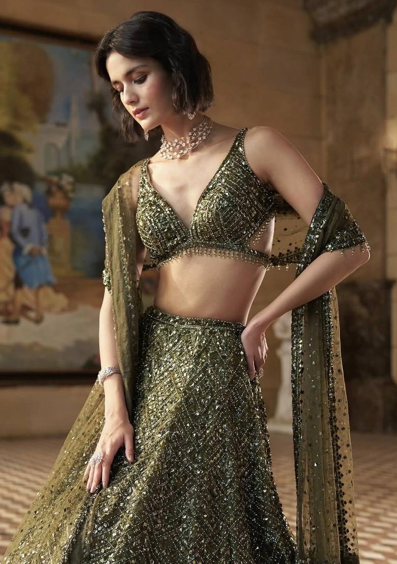 Mehendi Green Sequin Silk Blend Lehenga Set - Indya