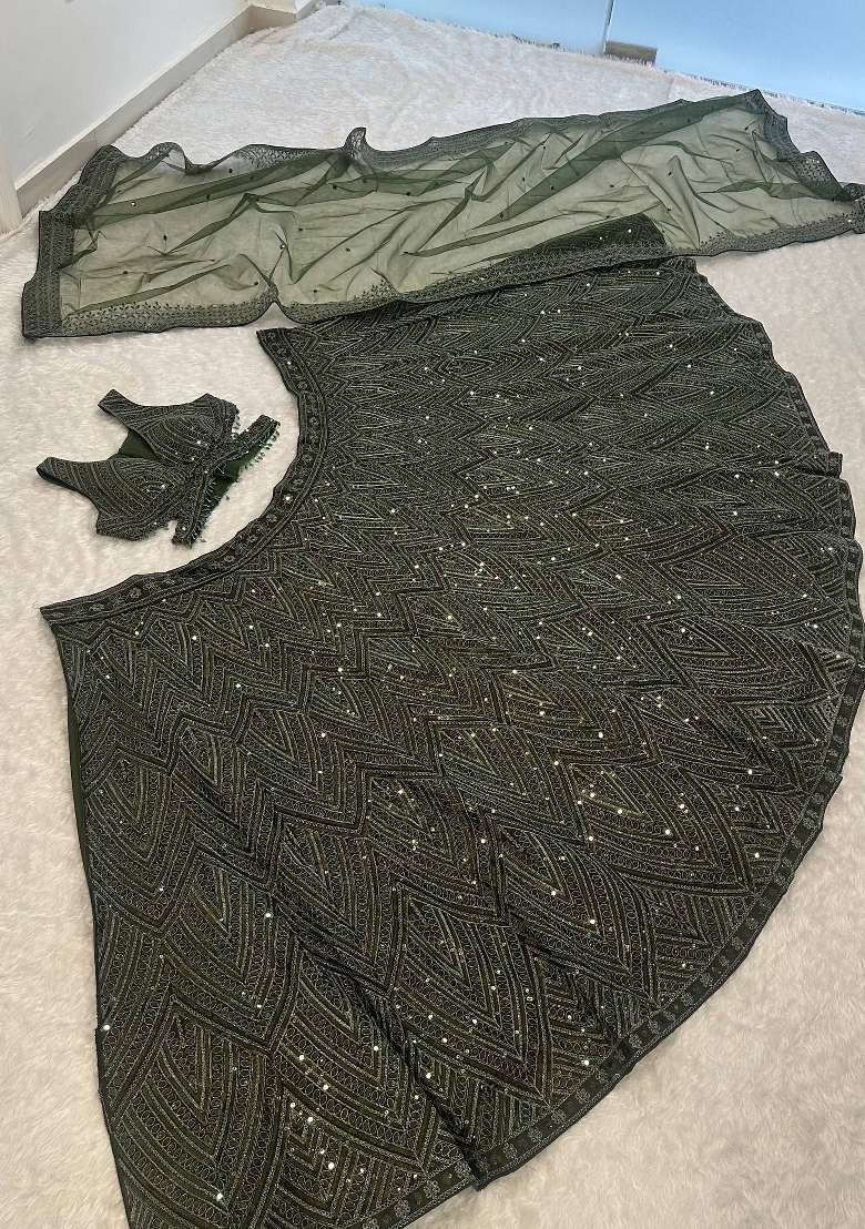 Mehendi Green Sequin Silk Blend Lehenga Set - Indya