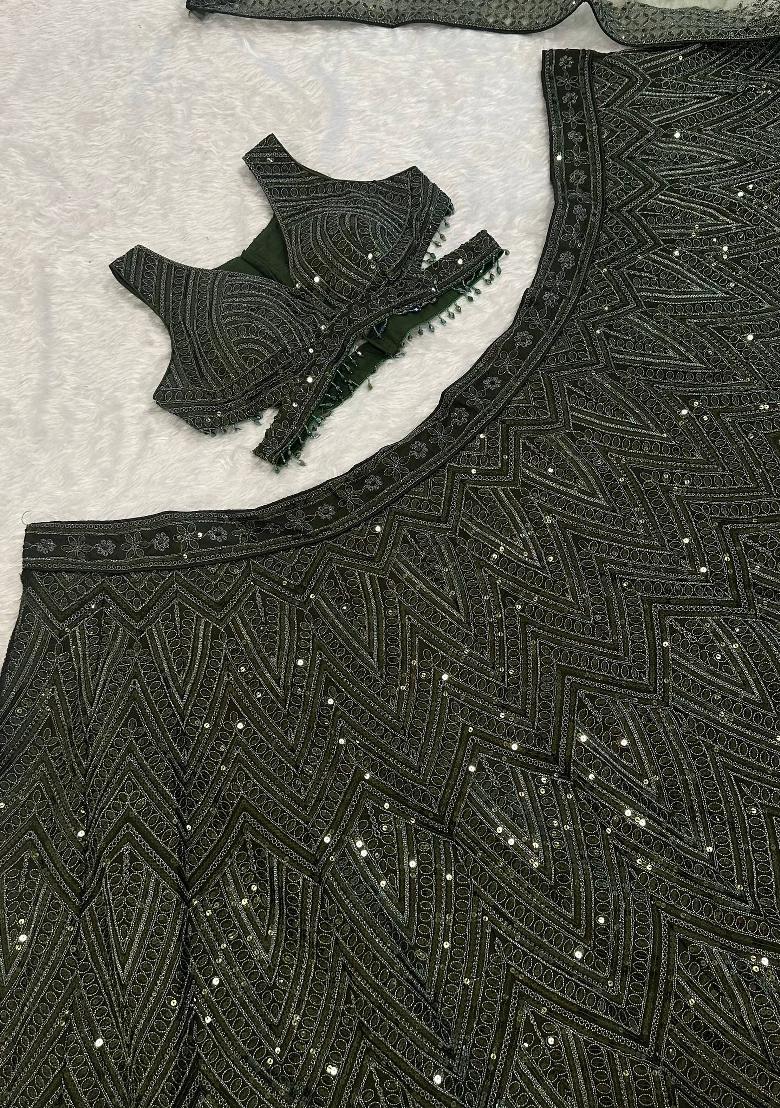 Mehendi Green Sequin Silk Blend Lehenga Set - Indya