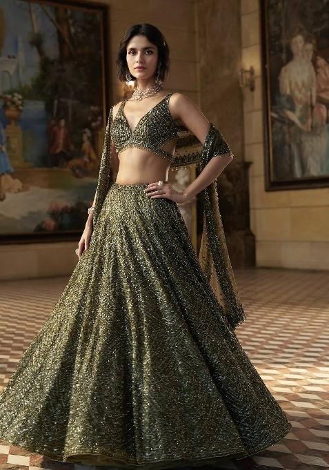 Mehendi Green Sequin Silk Blend Lehenga Set
