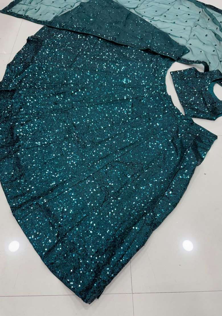 Teal Green Silk Blend Lehenga Set with Sequin for Diwali | Wedding & Festive Wear - Indya