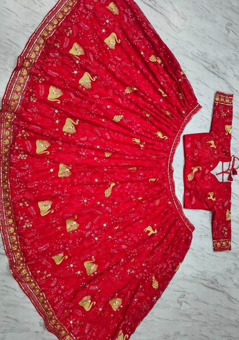 Red Embroidered Georgette Lehenga Set - Indya