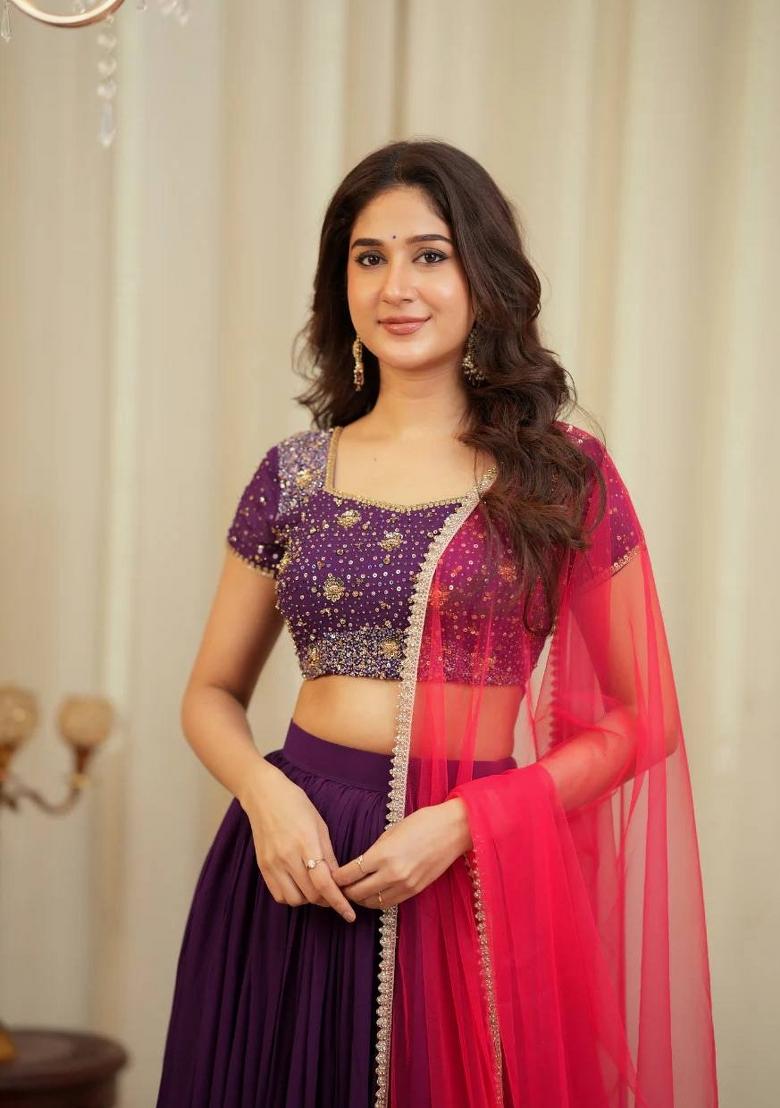 Purple Embroidered Georgette Lehenga Set - Indya