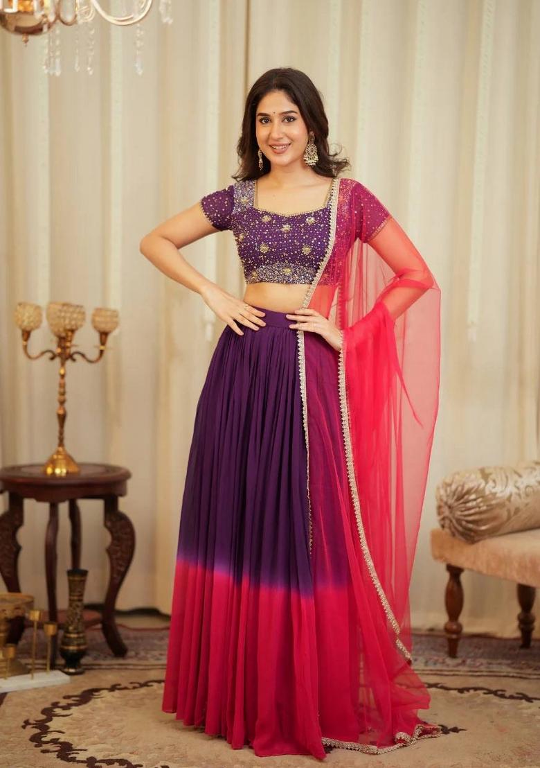 Purple Embroidered Georgette Lehenga Set - Indya