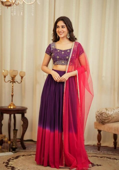 Purple Embroidered Georgette Lehenga Set