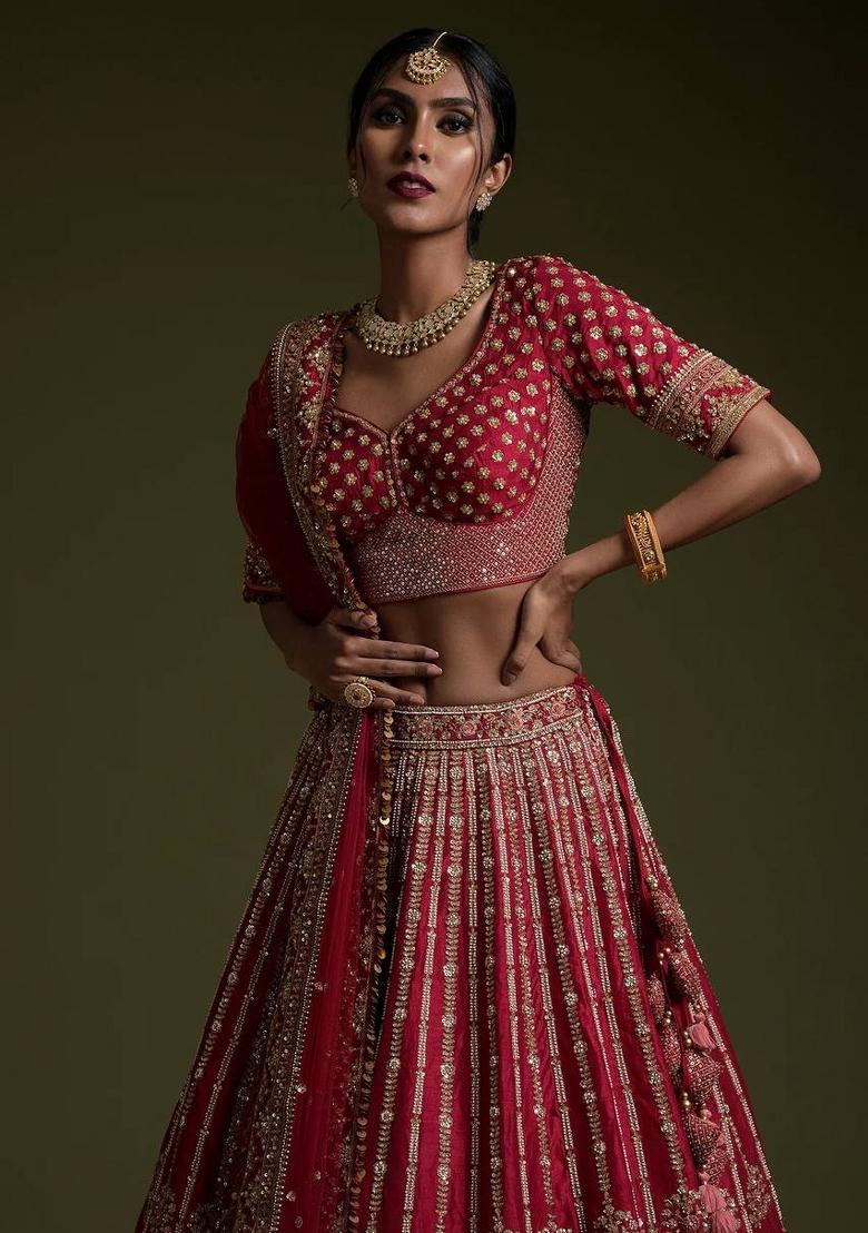 Red Sequin Silk Blend Lehenga Set - Indya
