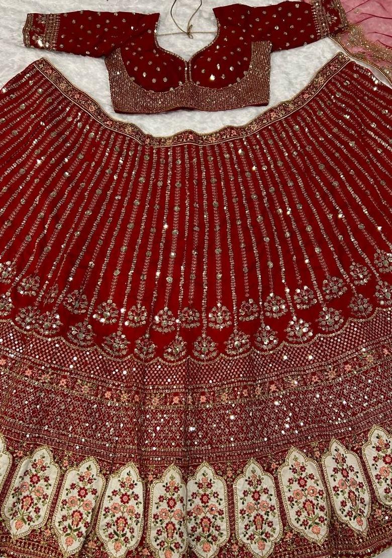 Red Sequin Silk Blend Lehenga Set - Indya