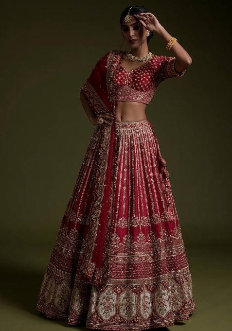 Red Sequin Silk Blend Lehenga Set