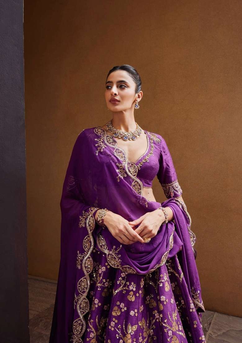 Purple Silk Blend Lehenga Set with Sequin for Diwali | Wedding & Festive Wear - Indya