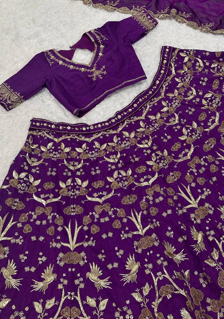 Purple Sequin Silk Blend Lehenga Set - Indya