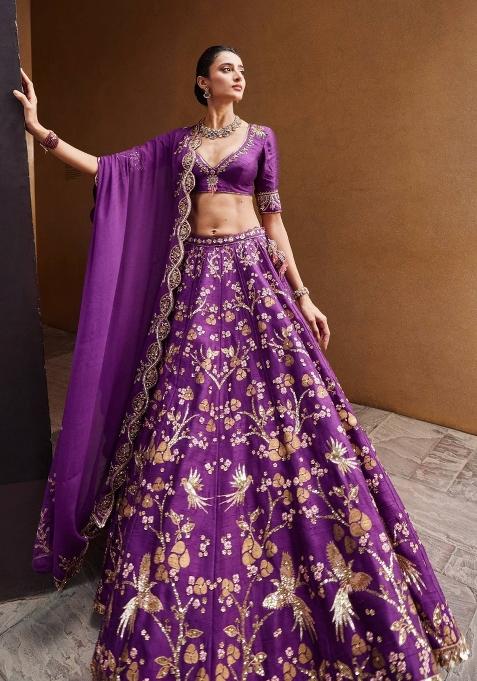 Purple Sequin Silk Blend Lehenga Set