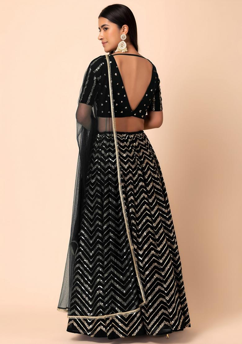 Black Sequin Georgette Lehenga Set - Indya