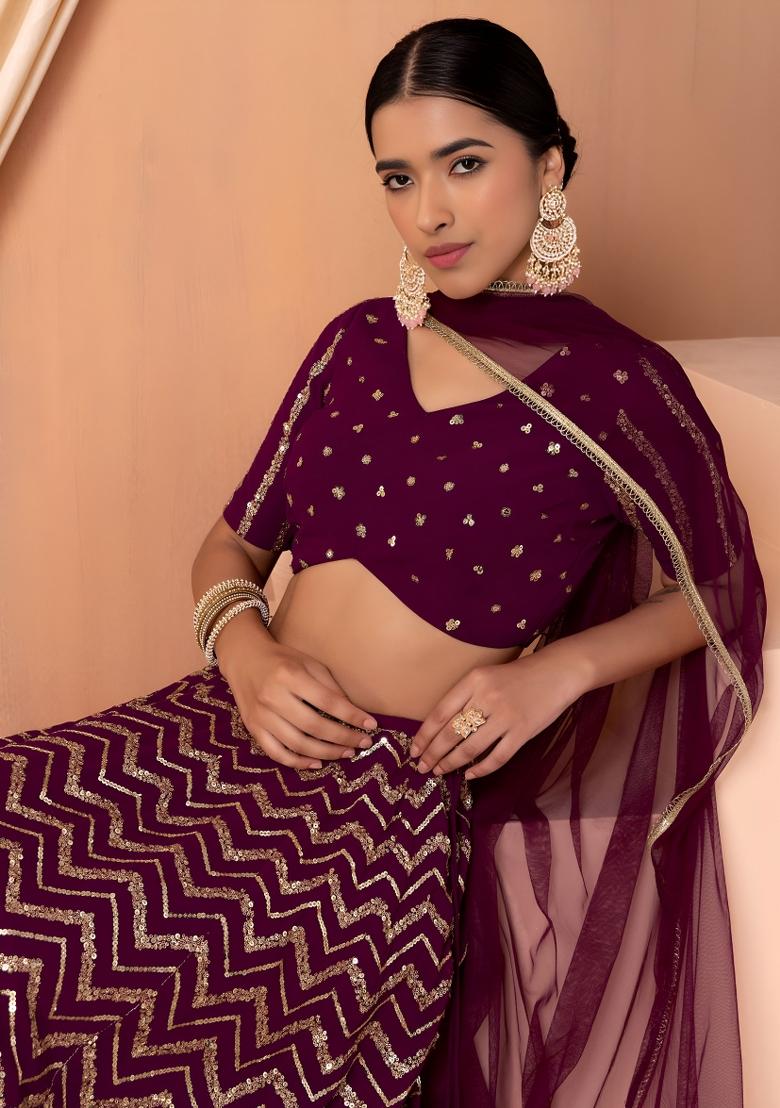 Maroon Sequin Georgette Lehenga Set - Indya