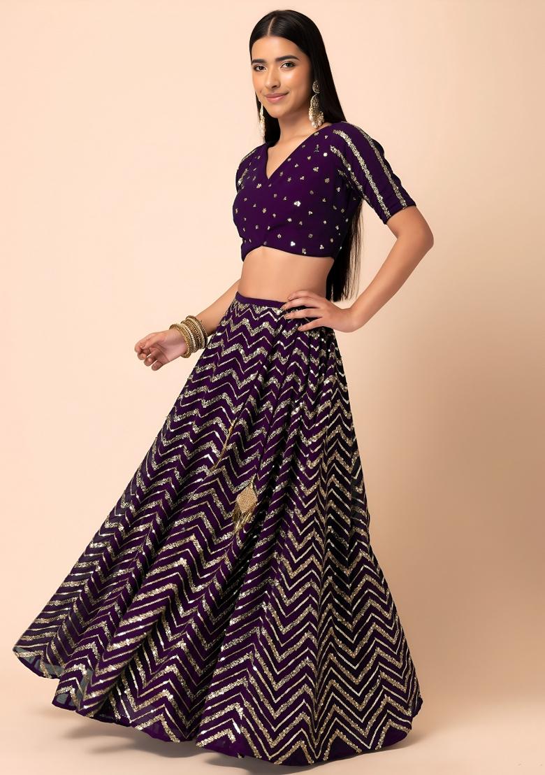 Purple Sequin Georgette Lehenga Set - Indya