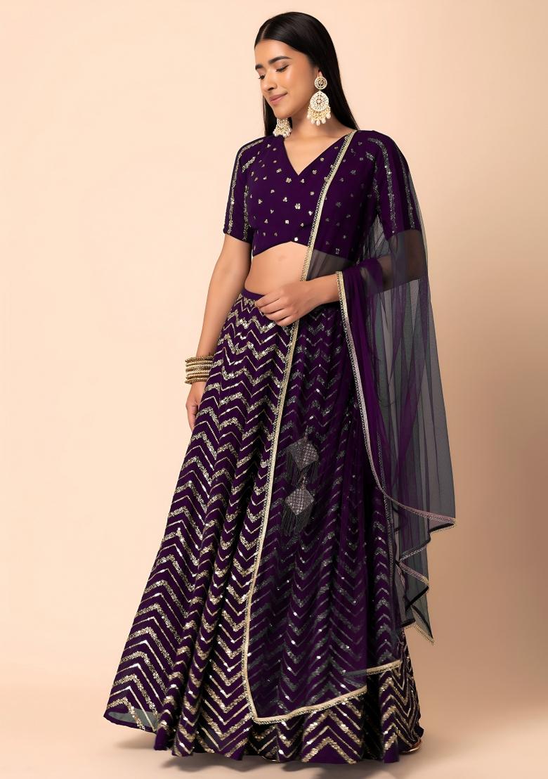 Purple Sequin Georgette Lehenga Set - Indya