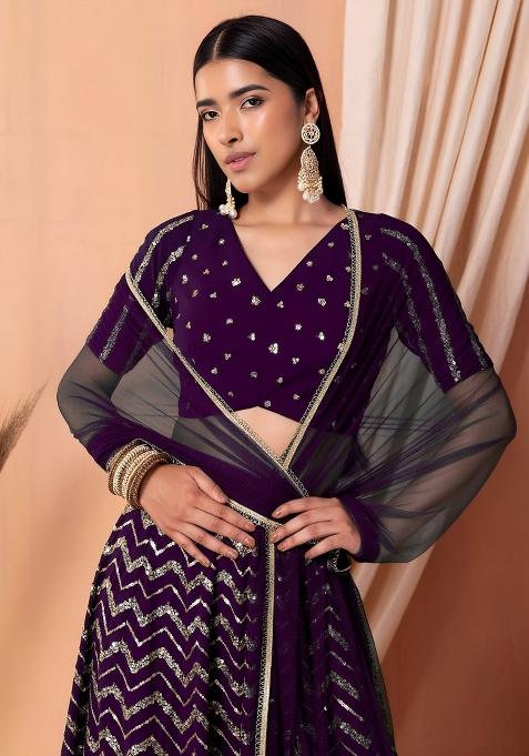 Purple Sequin Georgette Lehenga Set