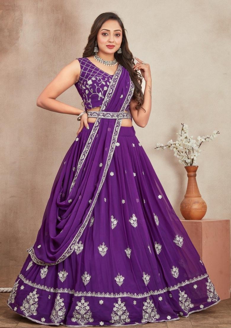 Purple Sequin Georgette Lehenga Set - Indya