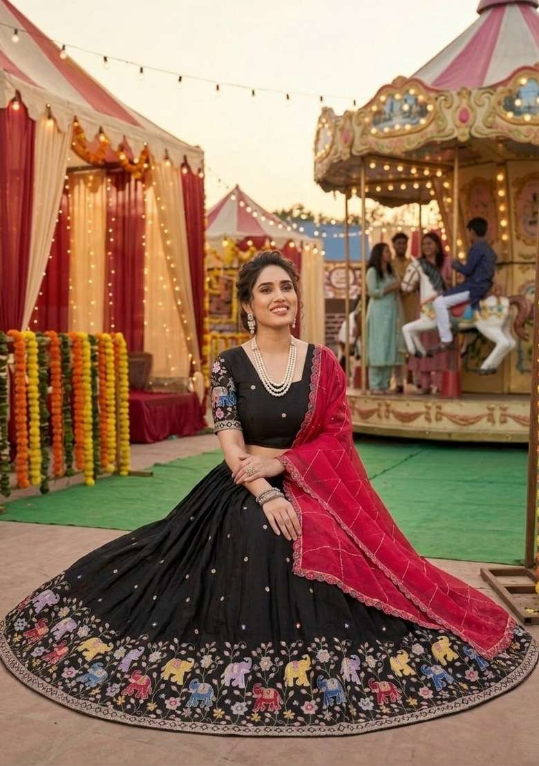 Black Georgette Lehenga Set with Embroidered for Diwali | Wedding & Festive Wear - Indya